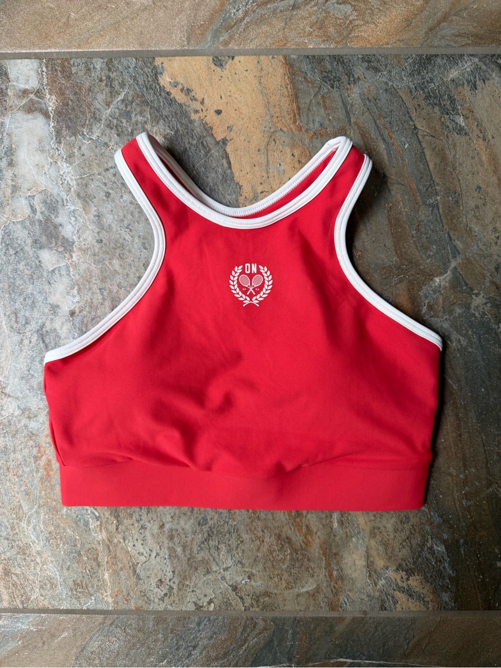 Old Navy Red Tennis High Neck Sports Bra White Trim Racket Crest Small S